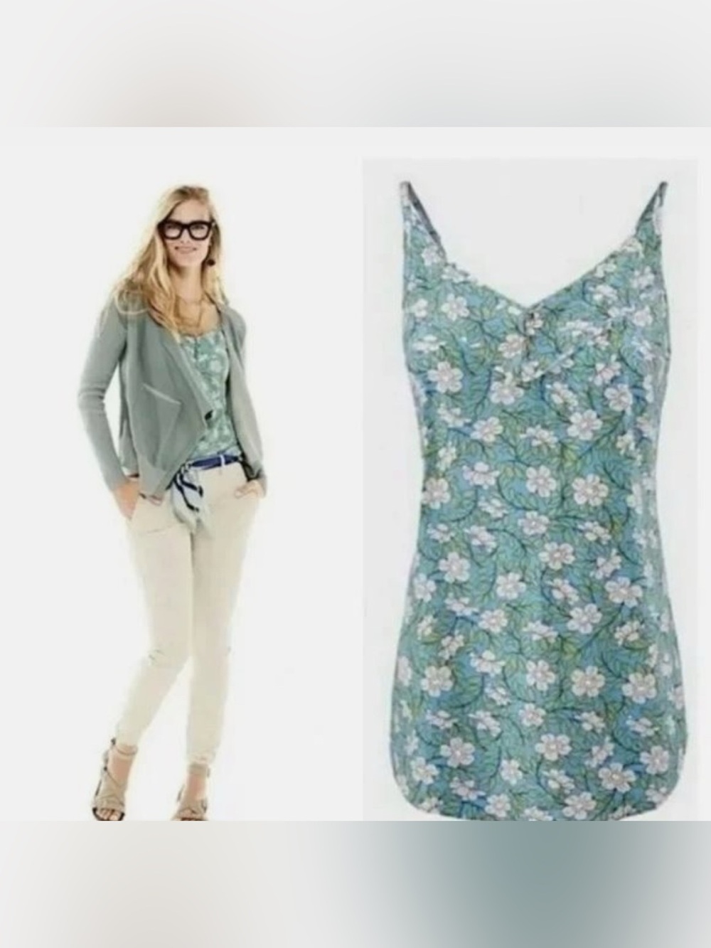 CAbi Cottonwood Floral Camisole - Seafoam Green, Blue & White